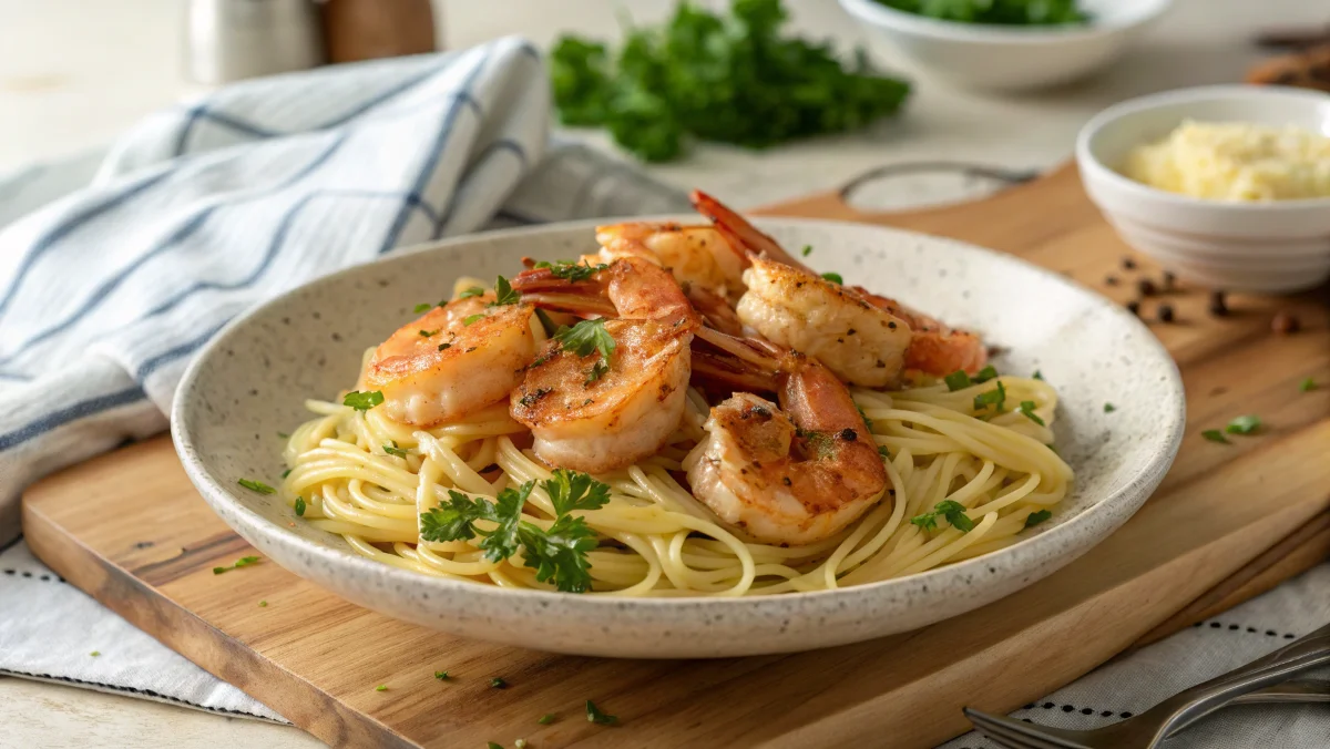 Plated baked shrimp at 400°F served with garlic butter pasta and fresh parsley, captured in a cozy kitchen setting.