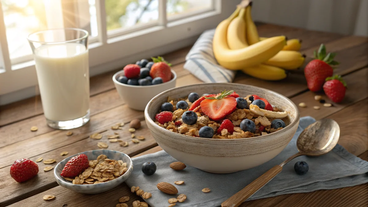 A bowl of colorful breakfast cereal with milk and a spoon on a wooden table, highlighting its convenience and popularity as a morning meal.