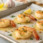 Perfectly baked shrimp on a baking sheet with golden-brown edges, seasoned with herbs and ready to serve. Showcasing the ideal temperature and preparation for delicious shrimp.