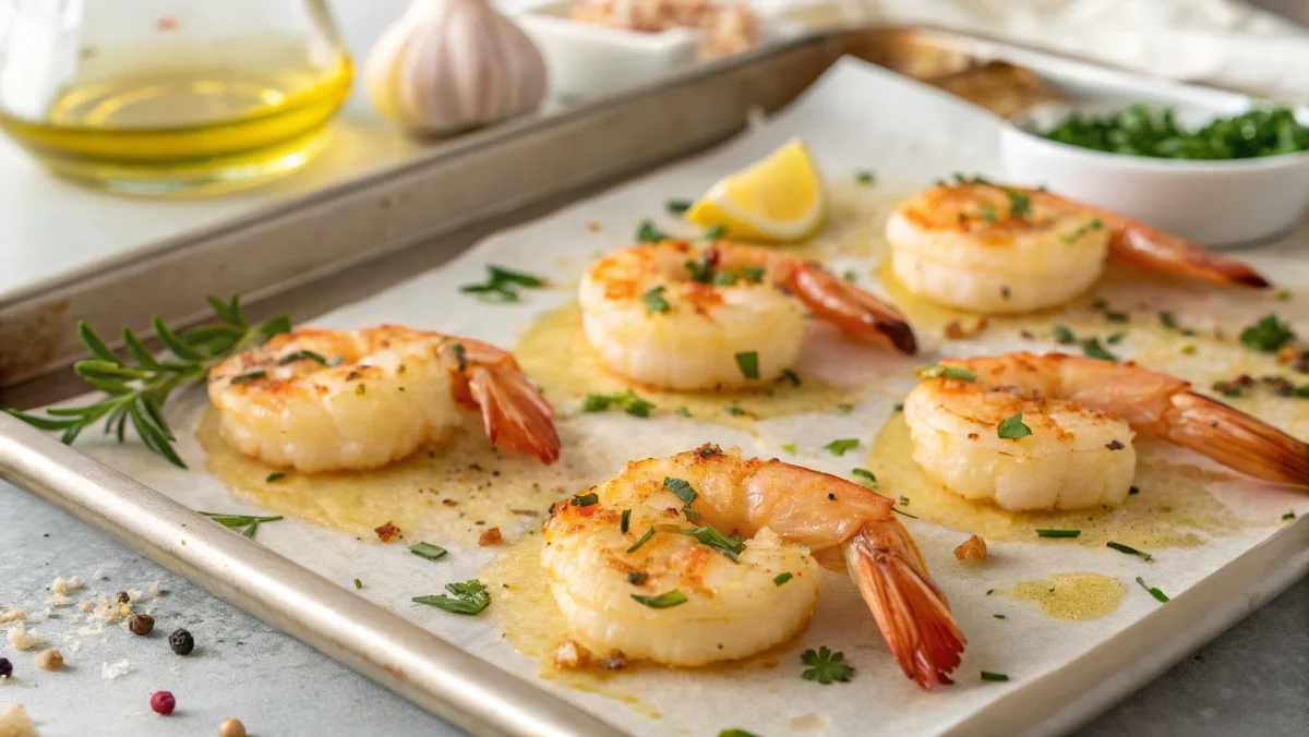 Perfectly baked shrimp on a baking sheet with golden-brown edges, seasoned with herbs and ready to serve. Showcasing the ideal temperature and preparation for delicious shrimp.