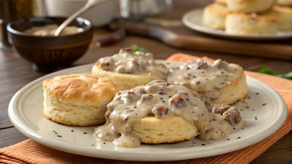 Golden, flaky biscuits topped with creamy sausage gravy, a classic American breakfast dish of biscuits and gravy.