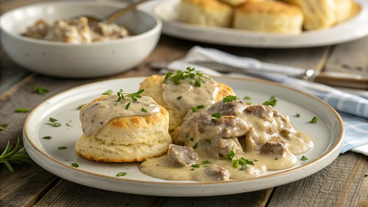 A delicious plate of biscuits topped with creamy sausage gravy, showcasing the classic American breakfast comfort food, popular in Southern and Midwestern cuisine.