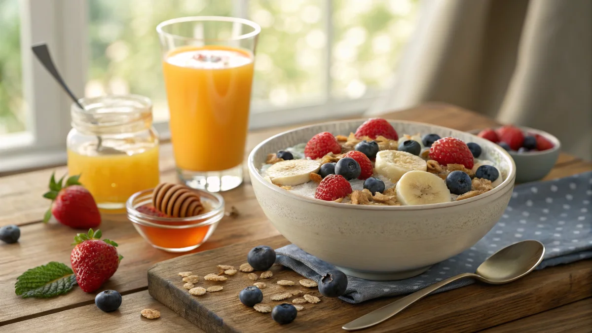 A vibrant breakfast setup featuring a bowl of cereal with milk, topped with fresh fruits like strawberries, blueberries, and bananas, alongside a glass of orange juice and honey on a wooden table.