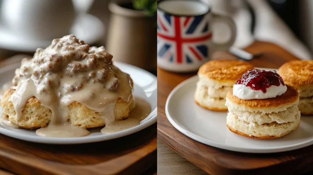 A plate of American-style biscuits covered in creamy sausage gravy, served with coffee on a rustic table — a classic Southern breakfast unfamiliar to most Brits.