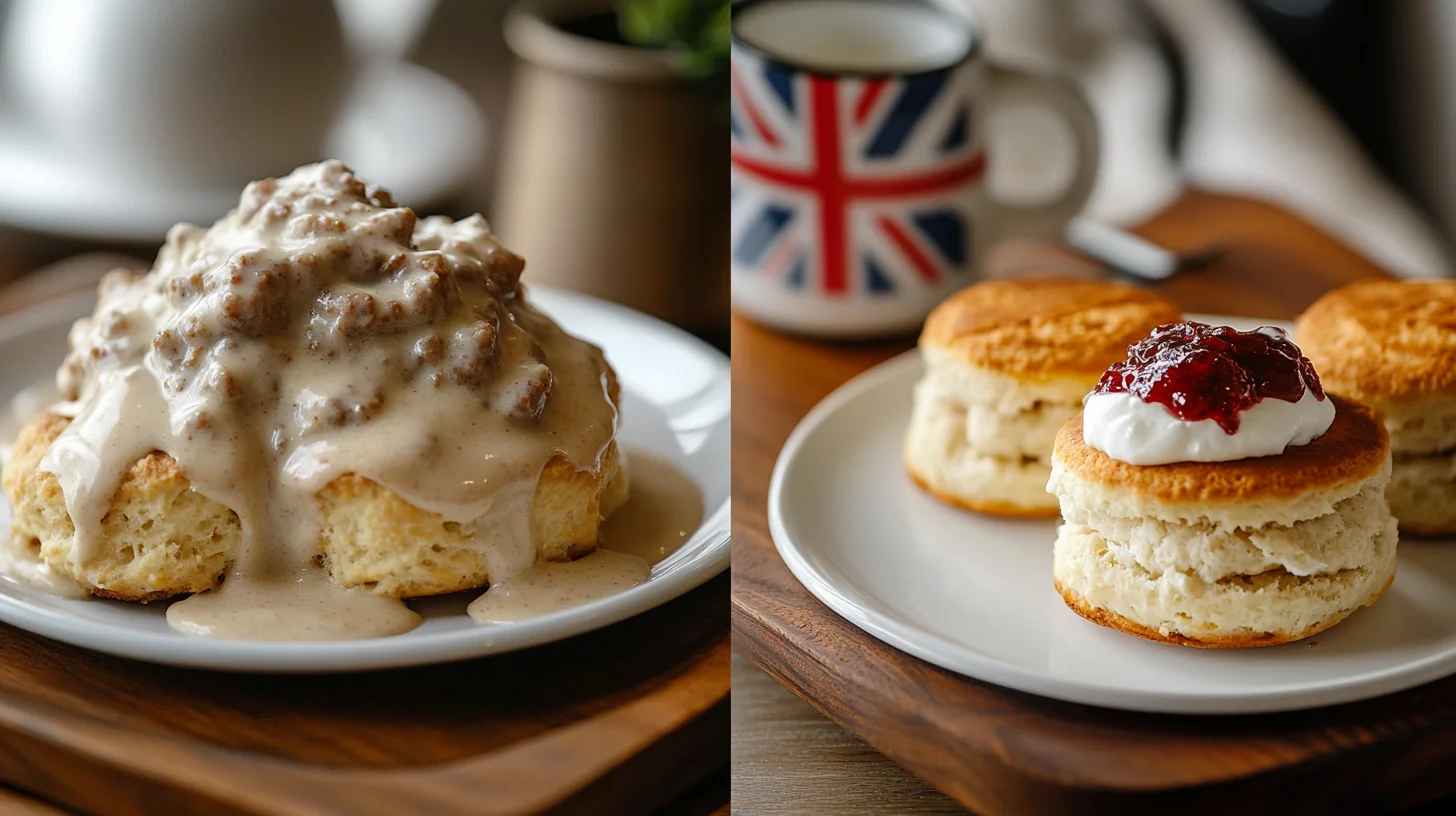 A plate of American-style biscuits covered in creamy sausage gravy, served with coffee on a rustic table — a classic Southern breakfast unfamiliar to most Brits.