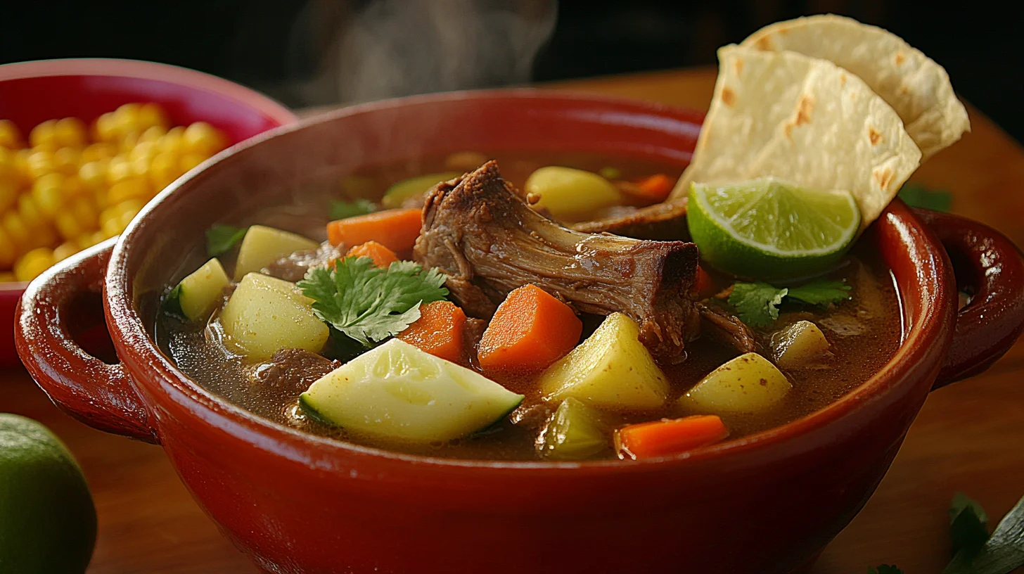 A bowl of traditional Mexican Caldo de Res soup with beef shank, vegetables, and corn, served with lime and tortillas on a rustic table.