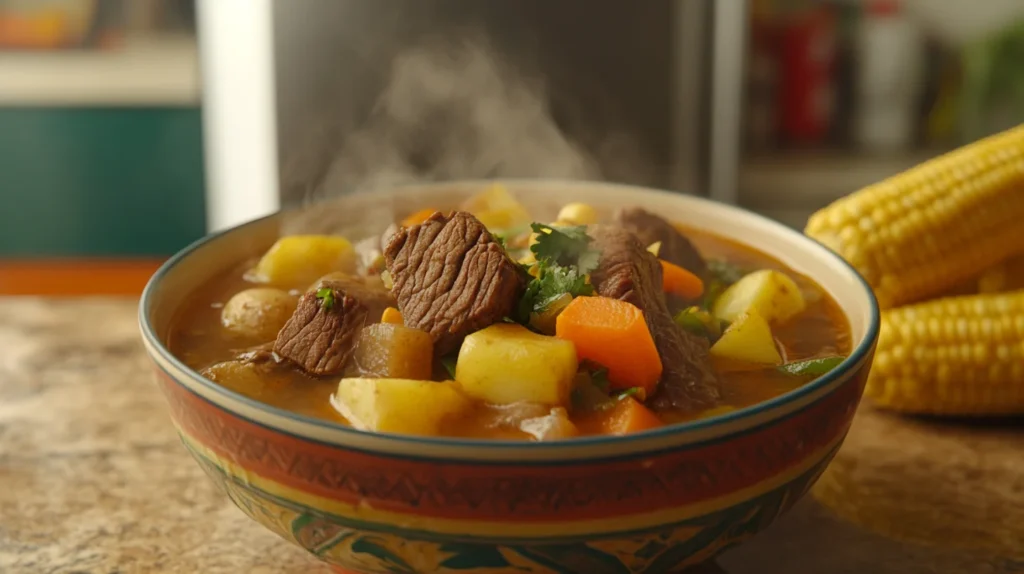 Steaming bowl of Caldo de Res with beef, carrots, corn, potatoes, and zucchini in a golden broth, placed on a rustic kitchen countertop with a refrigerator in the background.