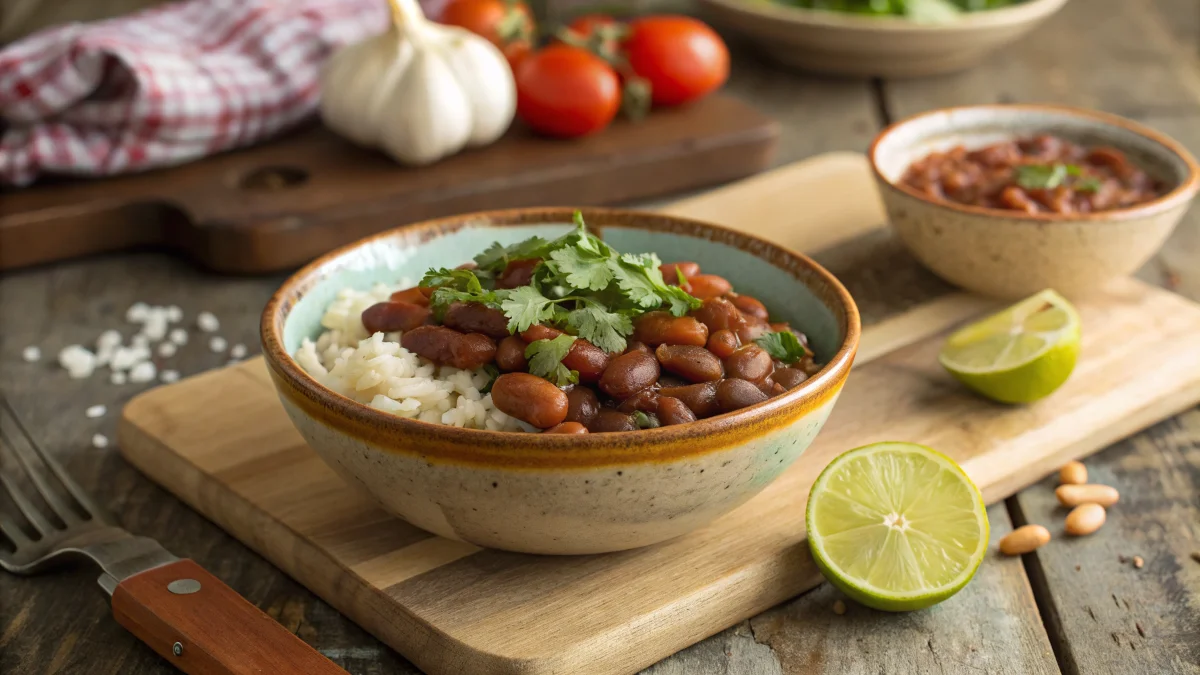 Amateur photo of a rustic bowl of cooked habichuelas (beans) with rice, garnished with fresh cilantro and lime wedges, served on a wooden table with a cozy kitchen setting. The vibrant colors of the dish are captured with natural light, showcasing the final, delicious outcome.