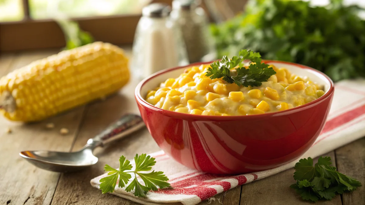 Bowl of creamy homemade creamed corn with parsley garnish.