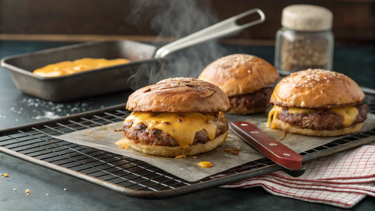 Cooking Burgers at 400°F on a wire rack with a golden-brown crust and melted cheese.