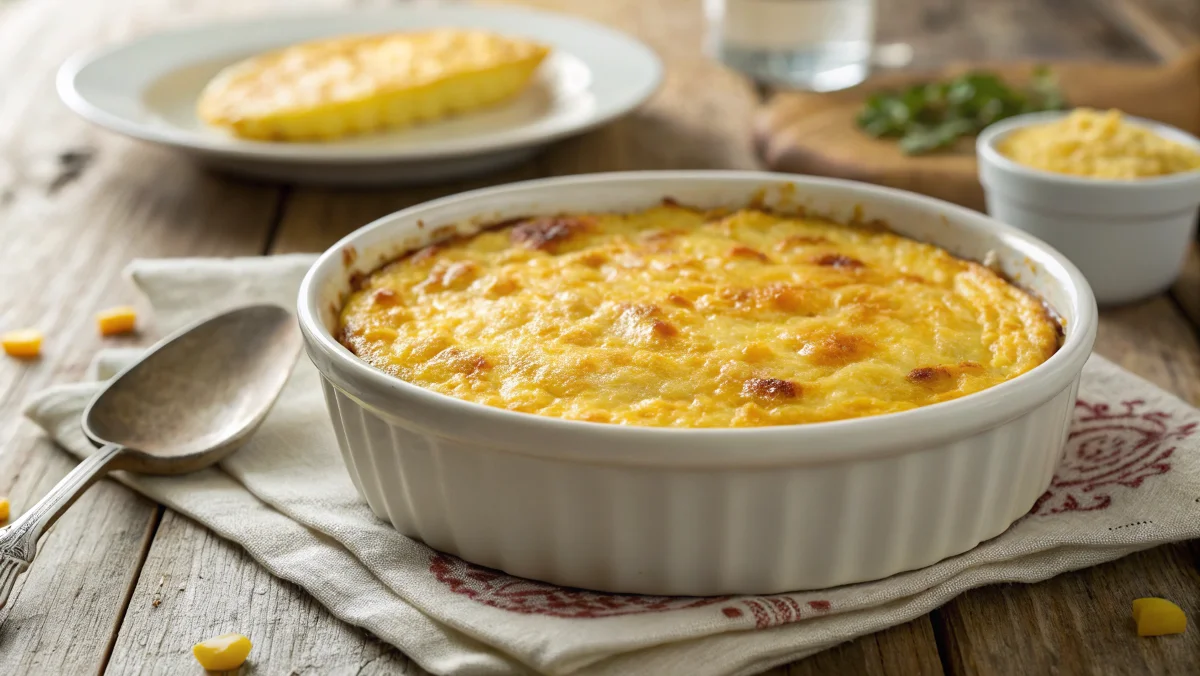 Freshly baked corn pudding in a white dish with a golden crust.