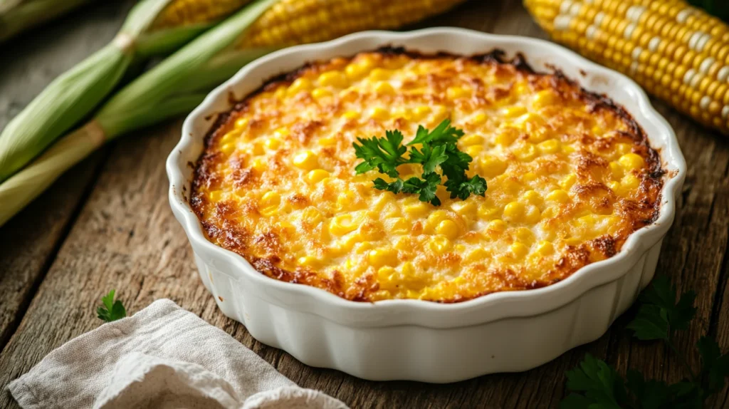 A golden-brown corn pudding in a ceramic baking dish, with a creamy texture and crispy top, served on a rustic table.