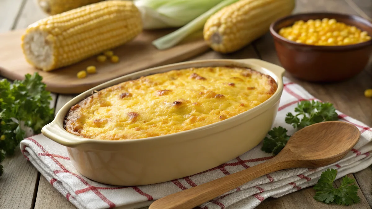 Golden-baked Corn Pudding Pioneer Woman recipe in a casserole dish surrounded by fresh corn and herbs.