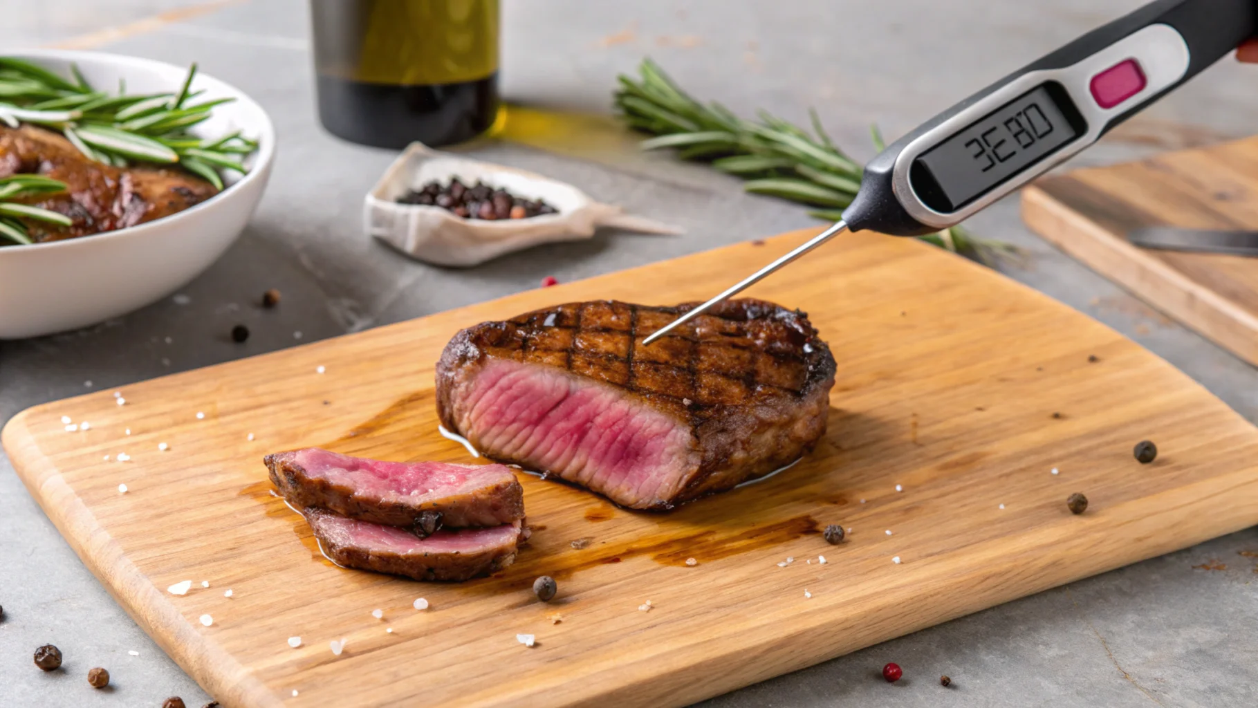 Perfectly cooked flat iron steak with a meat thermometer, showcasing a tender, juicy interior and seared exterior.