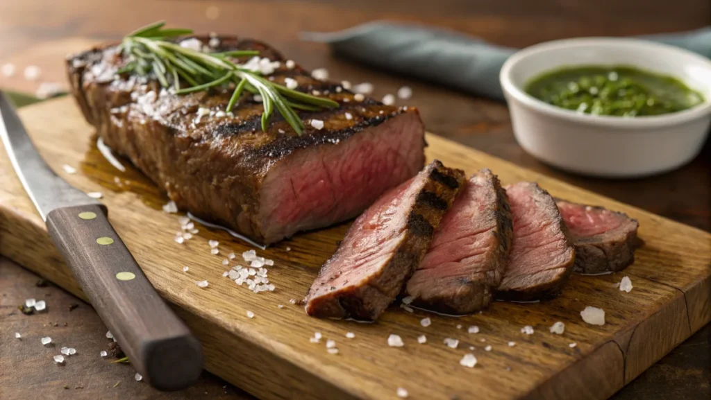 A juicy, medium-rare flat iron steak with a seared crust, sliced on a wooden cutting board, garnished with rosemary and sea salt.