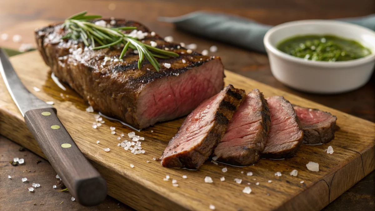 A juicy, medium-rare flat iron steak with a seared crust, sliced on a wooden cutting board, garnished with rosemary and sea salt.