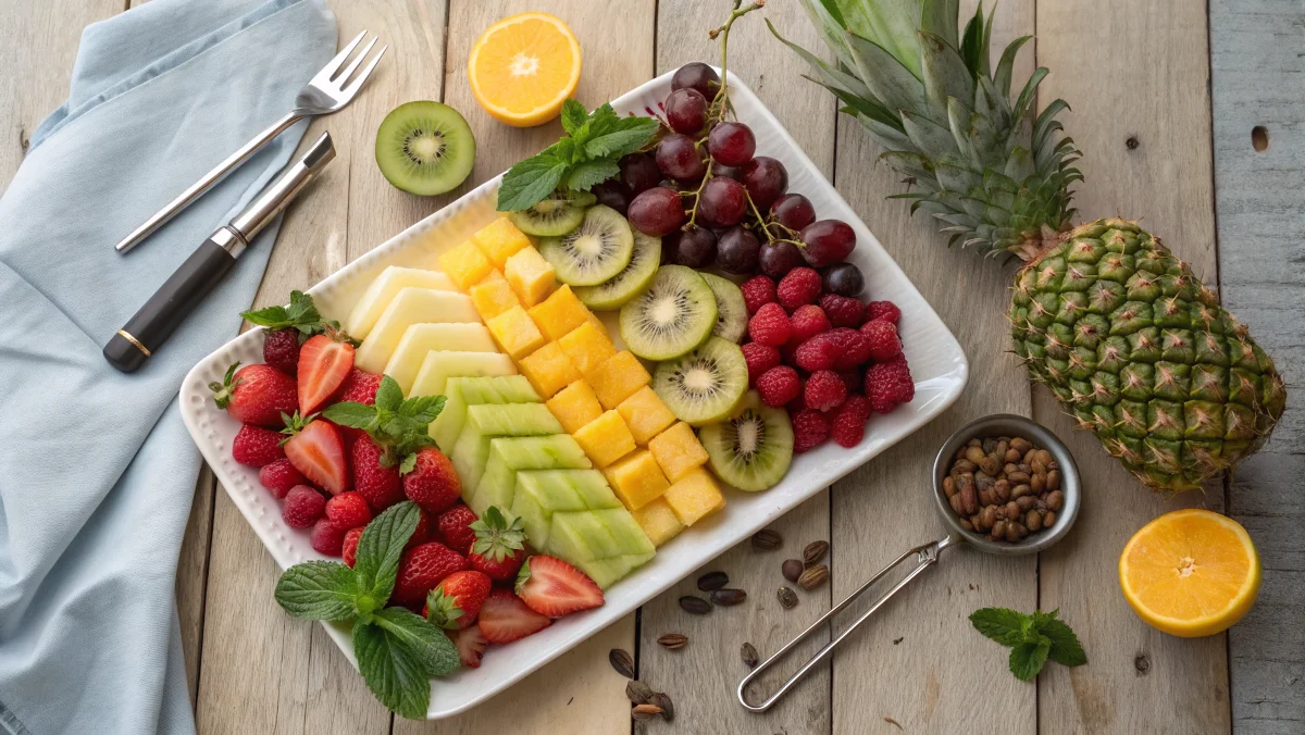 A beautifully arranged fruit tray with grapes, pineapple, strawberries, kiwi, and melon, garnished with citrus zest and mint leaves, captured with an iPhone 15 Pro in natural light with a zester beside it.