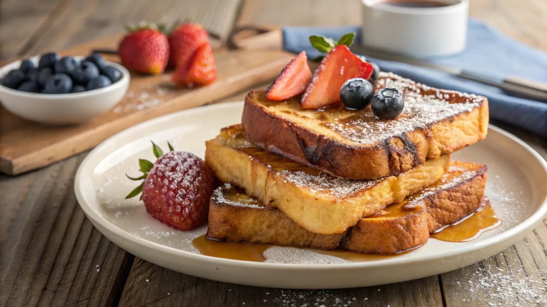 A plate of perfectly golden brioche French toast topped with fresh strawberries, blueberries, and a light dusting of powdered sugar.