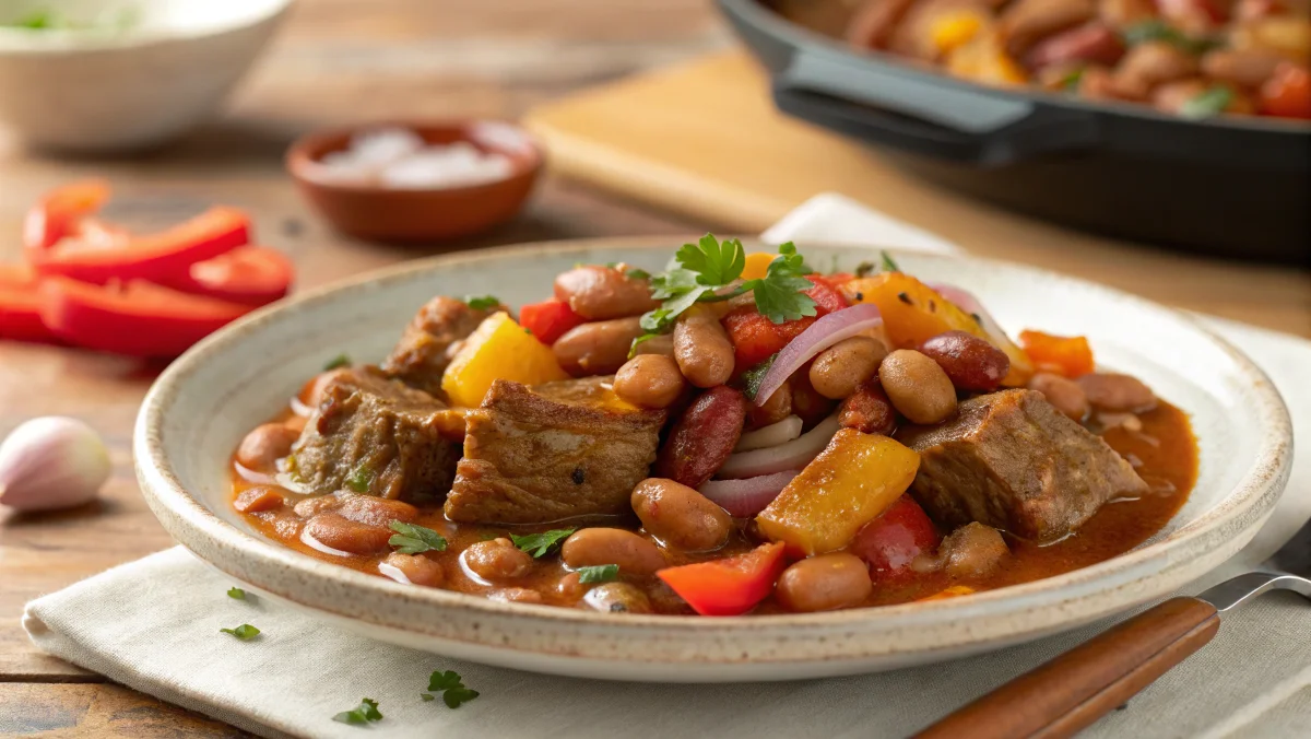 Plate of Habichuelas Guisadas, a Latin American dish featuring stewed beans with beef, bell peppers, onions, and garlic, served on a rustic ceramic plate.