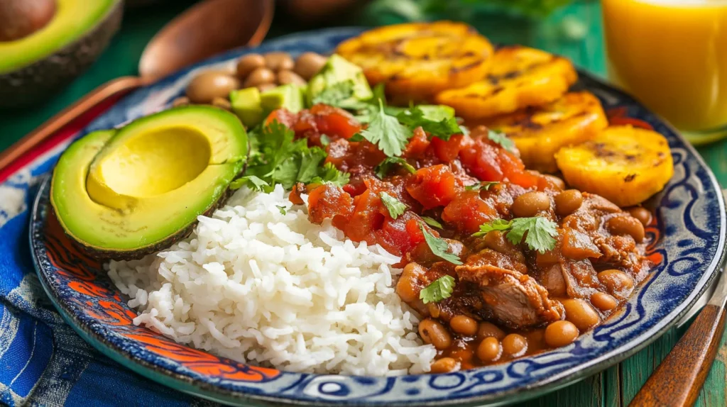 A traditional Dominican plate of habichuelas with white rice, plantains, avocado, and stewed meat on a vibrant Caribbean-style table.