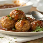 Delicious sweet and sour meatballs with glossy sauce, golden-brown texture, and tender inside. Images show steps of mixing, shaping, and baking, captured with an iPhone 15 Pro for a homemade kitchen feel.