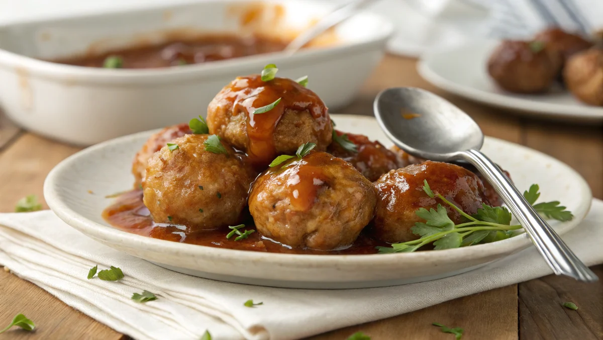 Delicious sweet and sour meatballs with glossy sauce, golden-brown texture, and tender inside. Images show steps of mixing, shaping, and baking, captured with an iPhone 15 Pro for a homemade kitchen feel.