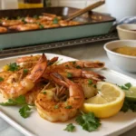 A beautifully plated dish of perfectly baked shrimp, golden-brown and garnished with fresh parsley and lemon wedges, ready to serve.