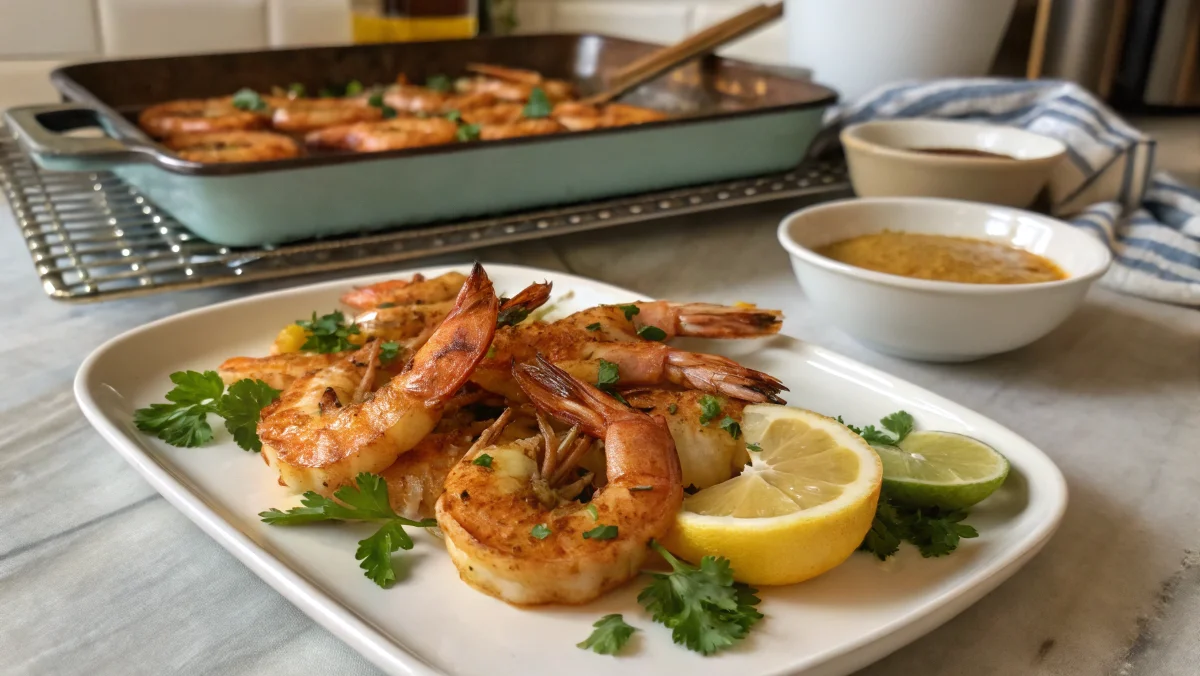 A beautifully plated dish of perfectly baked shrimp, golden-brown and garnished with fresh parsley and lemon wedges, ready to serve.