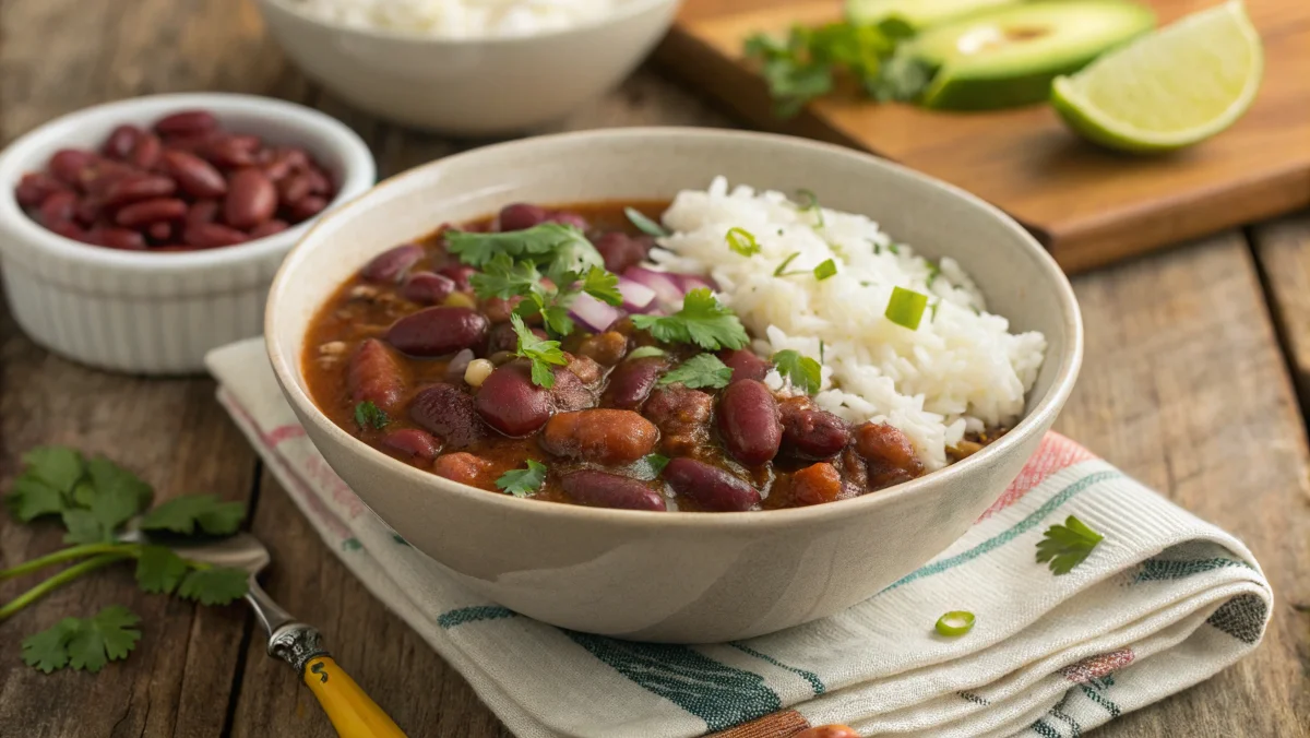 A bowl of cooked habichuelas with kidney beans, served with rice, garnished with fresh cilantro and onions on a wooden table. The dish looks warm and appetizing.