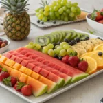 A beautifully arranged fruit tray with fresh seasonal fruits like watermelon, grapes, pineapple, strawberries, and citrus, neatly placed on a white platter, ready to be served.