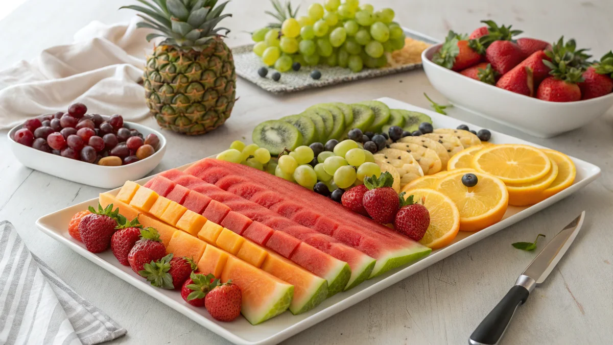 A beautifully arranged fruit tray with fresh seasonal fruits like watermelon, grapes, pineapple, strawberries, and citrus, neatly placed on a white platter, ready to be served.