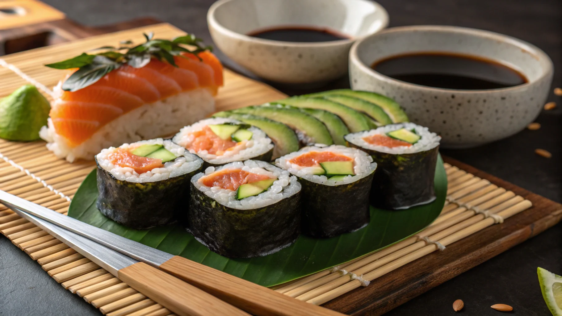 Platter of maki rolls with salmon, avocado, cucumber, and nori, neatly arranged on a bamboo mat with a knife nearby.