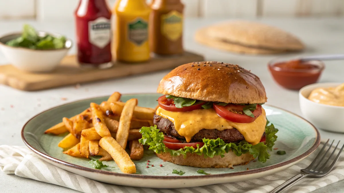 Fully assembled oven-baked burger with fries on the side.