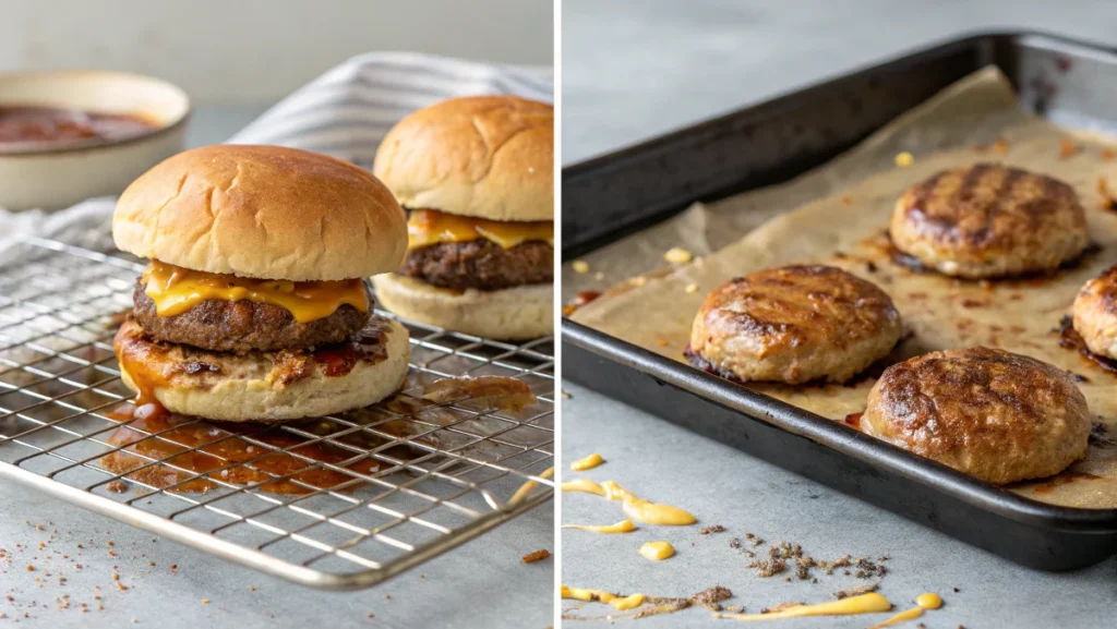 Step-by-step guide to bake burgers in the oven, including tips for flipping, timing, preventing grease splatter, and customizing juicy patties with toppings.