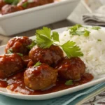 Delicious homemade meatballs served in a tangy sweet and sour sauce with steamed rice and fresh parsley garnish, perfect for a make-ahead meal.