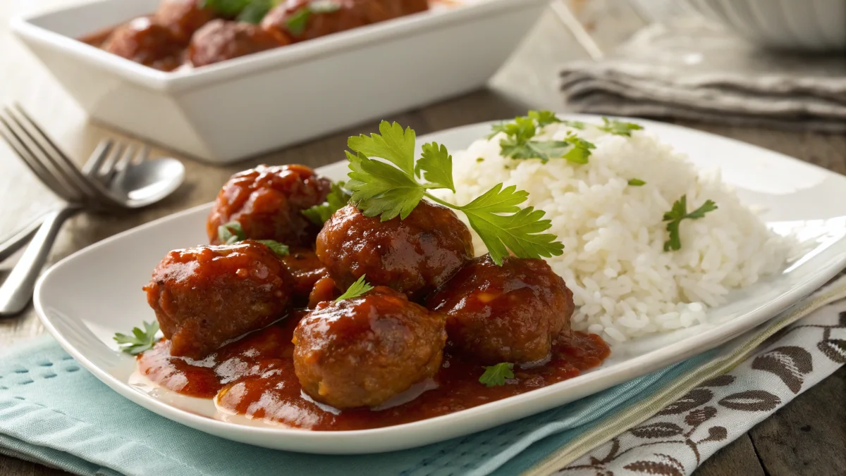 Delicious homemade meatballs served in a tangy sweet and sour sauce with steamed rice and fresh parsley garnish, perfect for a make-ahead meal.