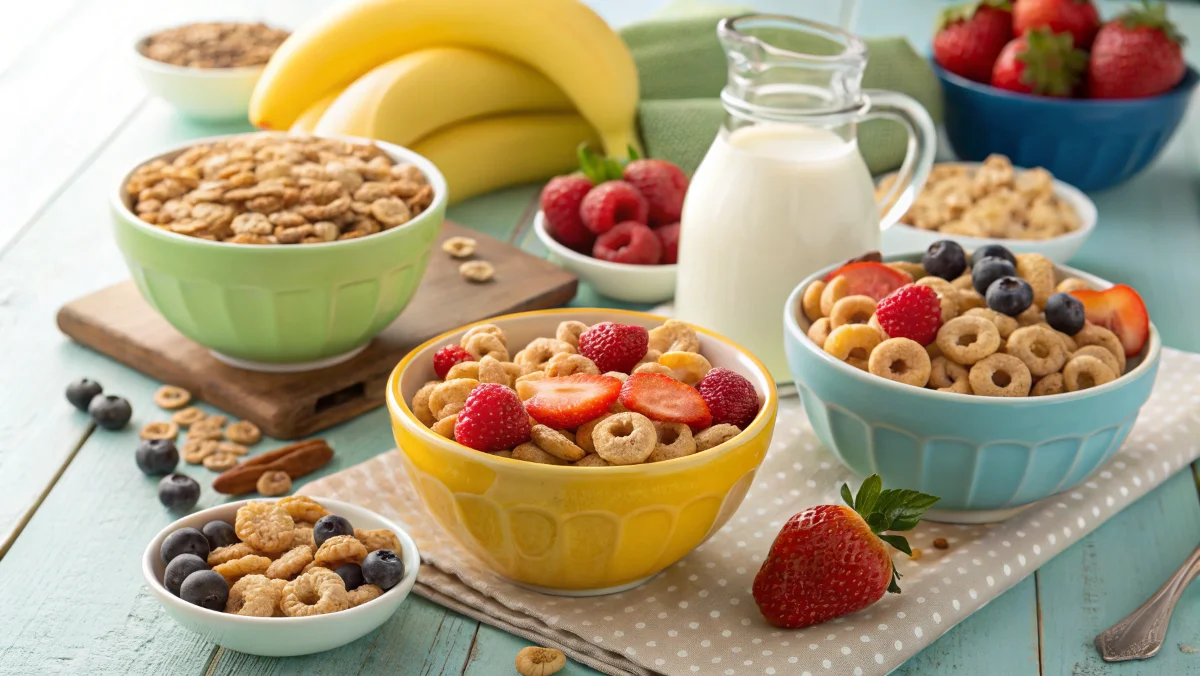 A colorful breakfast table with bowls of Cheerios, Shredded Wheat, Cinnamon Toast Crunch, and Froot Loops, topped with fresh fruits and served with milk.