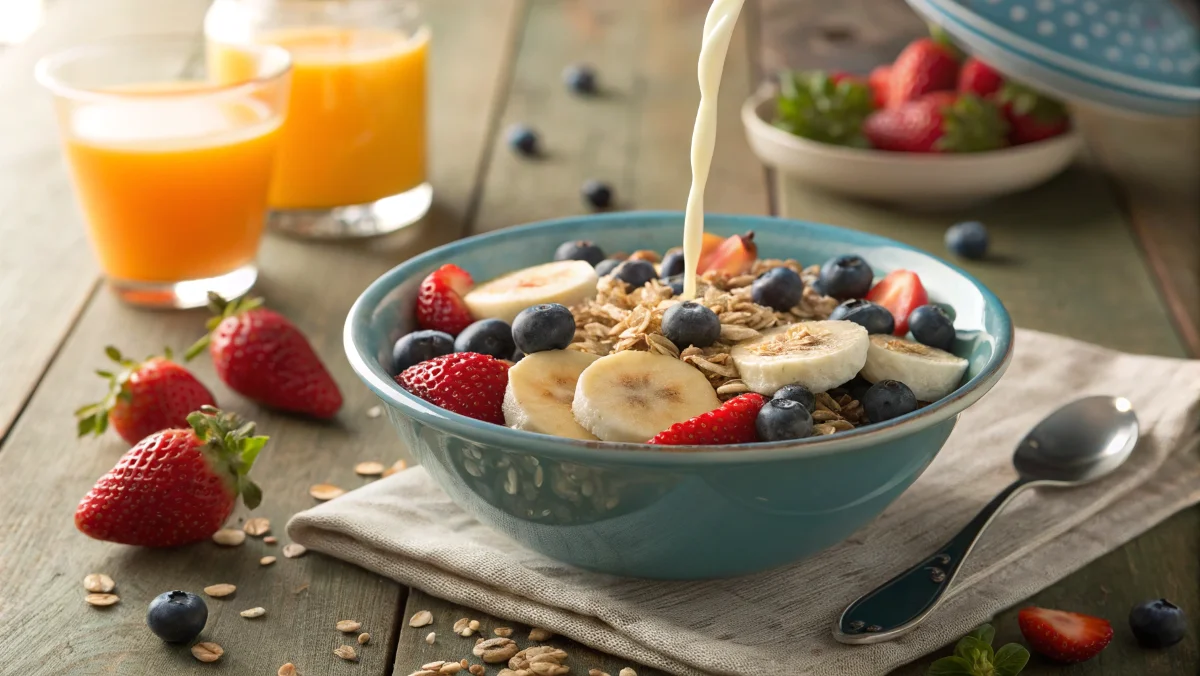 Best breakfast cereals, including a healthy cereal bowl with fresh fruits, whole-grain cereal boxes, homemade granola with natural ingredients, and a smoothie bowl with nutritious toppings.