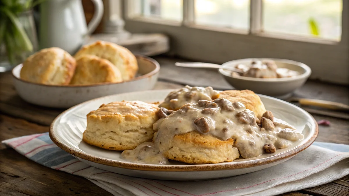 A plate of freshly made biscuits topped with creamy sausage gravy, showing a golden and flaky texture of the biscuits paired with a rich, savory gravy. The image captures the comforting essence of this Southern U.S. dish.