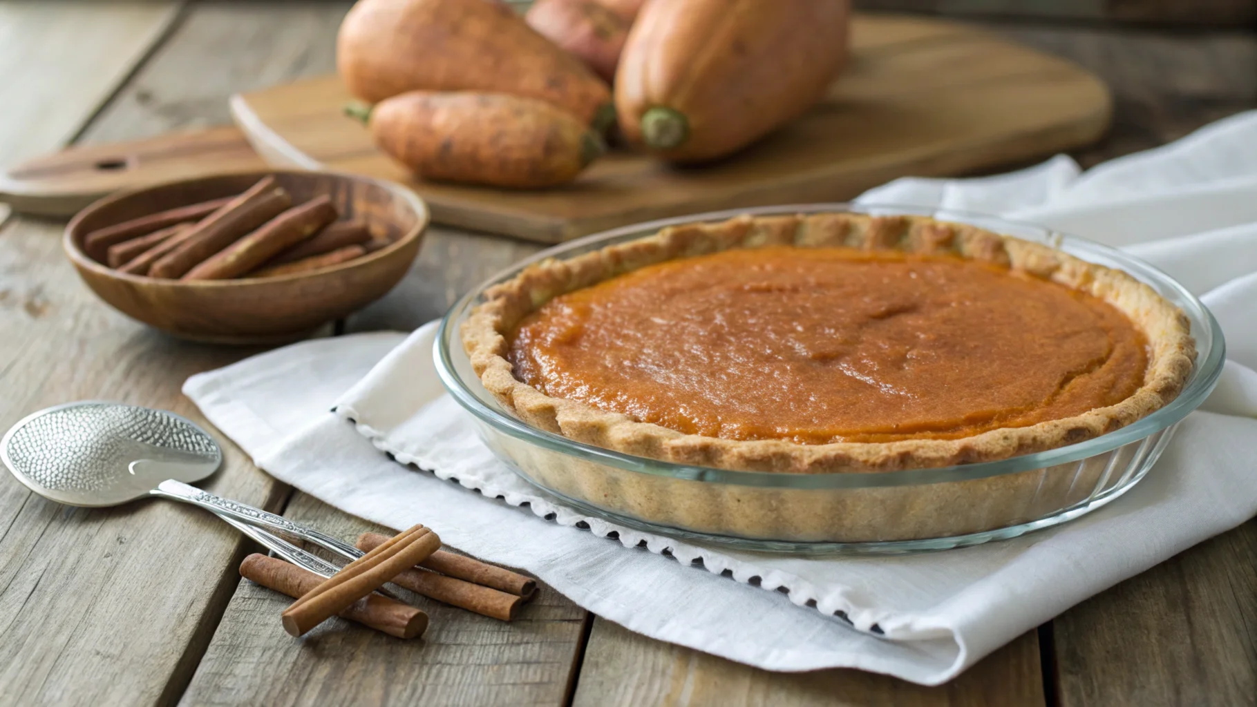 Sweet potato pie with a rich, creamy filling and buttery crust, highlighting its unique sweet and spiced flavor.