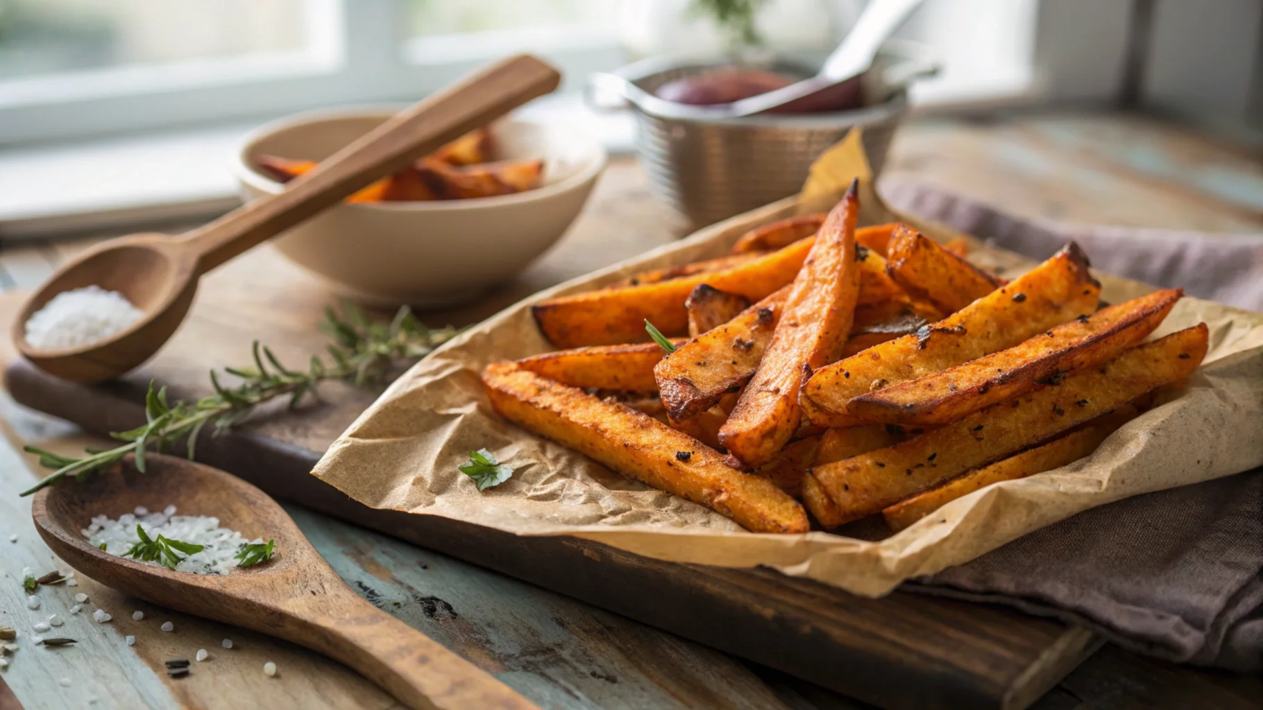 Crispy, golden sweet potato fries arranged on a rustic wooden plate with fresh herbs beside them, showcasing their perfect texture.