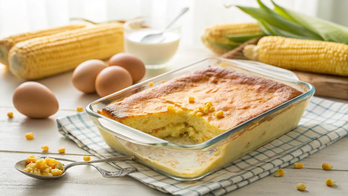 Freshly baked corn pudding with a golden crust in a ceramic baking dish, served on a rustic wooden table.