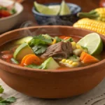 Steaming bowl of Caldo de Res with fresh vegetables and beef in a rustic clay bowl.