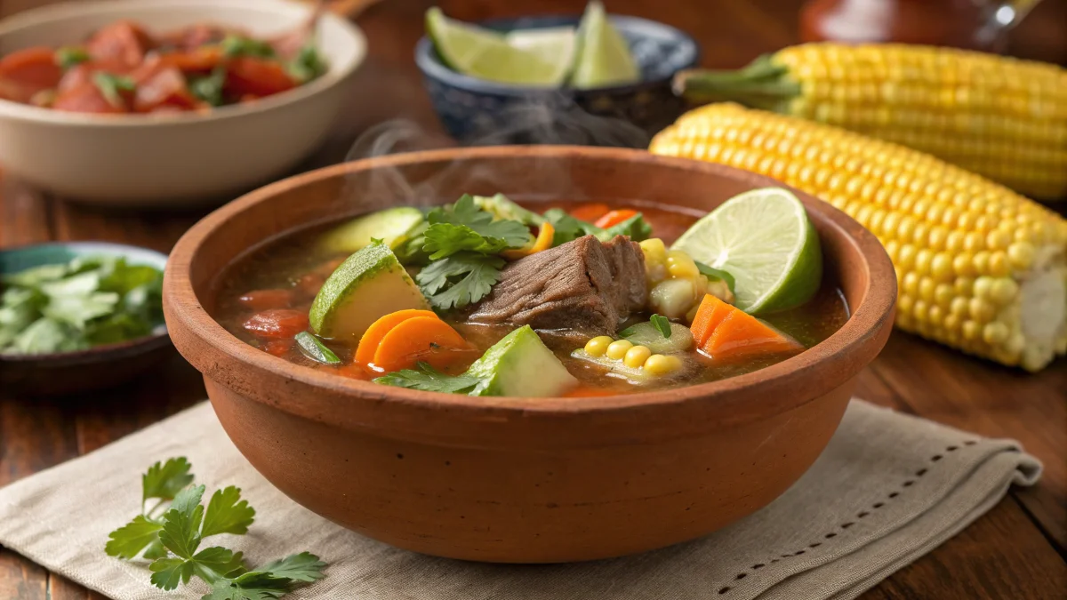 Steaming bowl of Caldo de Res with fresh vegetables and beef in a rustic clay bowl.