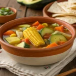 A bowl of caldo de res with vegetables on a wooden table