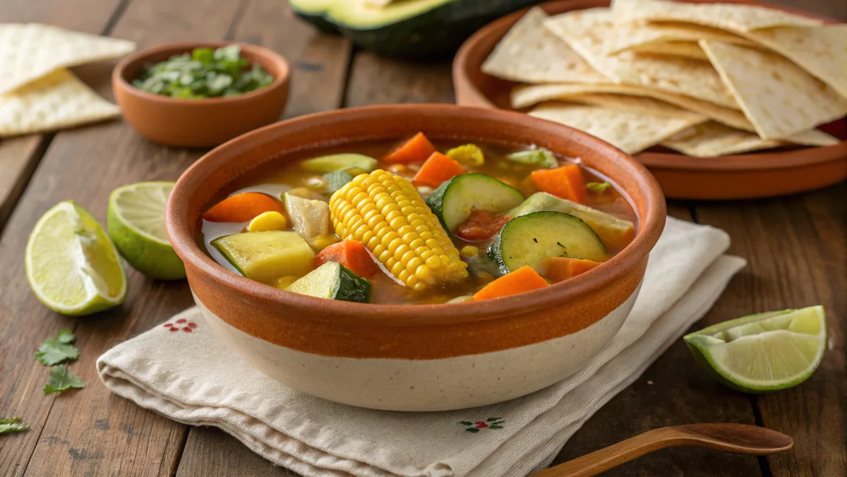 A bowl of caldo de res with vegetables on a wooden table