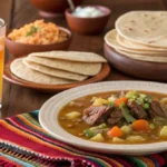 Caldo de res served with sides like rice, tortillas, and agua fresca.