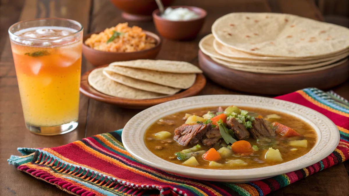 Caldo de res served with sides like rice, tortillas, and agua fresca.