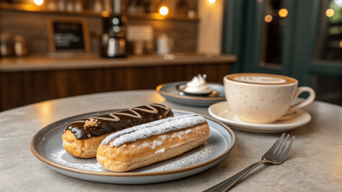 Customized egg-free eclairs with chocolate drizzle, fresh berries, and pistachios.