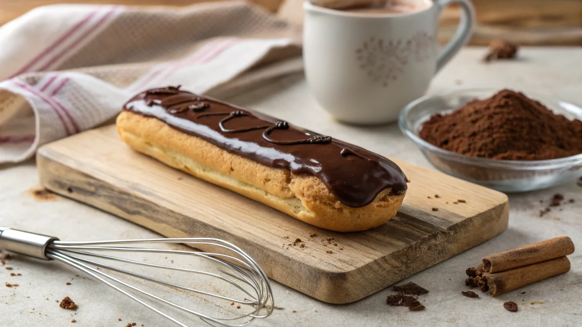 Perfectly baked éclair with chocolate icing on a wooden board.